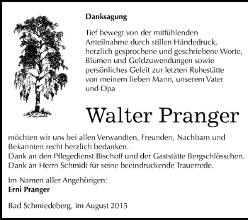 Traueranzeige von Walter Pranger von WVG - Wochenspiegel Wittenberg