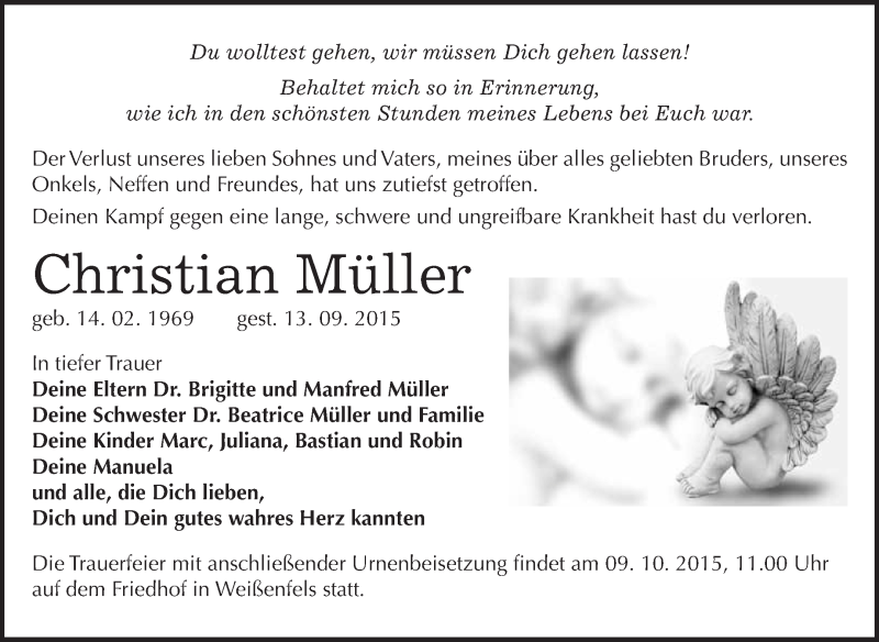  Traueranzeige für Christian Müller vom 30.09.2015 aus WVG - Wochenspiegel NMB / WSF / ZTZ