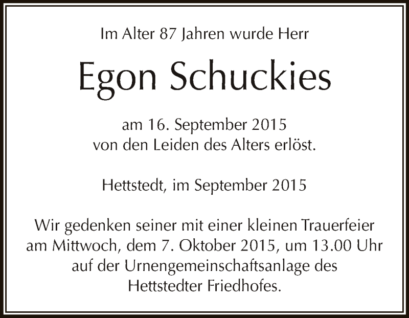  Traueranzeige für Egon Schuckies vom 30.09.2015 aus Wochenspiegel Mansfelder Land