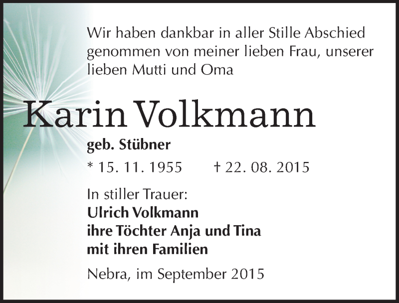  Traueranzeige für Karin Volkmann vom 16.09.2015 aus Mitteldeutsche Zeitung Naumburg/Nebra