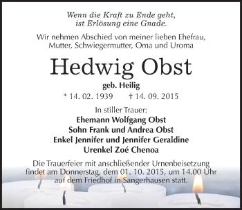 Traueranzeige von Hedwig Obst von Mitteldeutsche Zeitung Sangerhausen