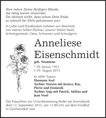 Traueranzeige von Anneliese Eisenschmidt von Super Sonntag Merseburg
