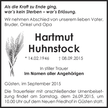 Traueranzeige von Hartmut Huhnstock von Super Sonntag Bernburg