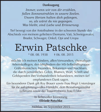 Traueranzeige von Erwin Patschke von WVG - Wochenspiegel Wittenberg