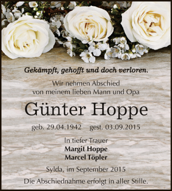 Traueranzeige von Günter Hoppe von Super Sonntag Aschersleben