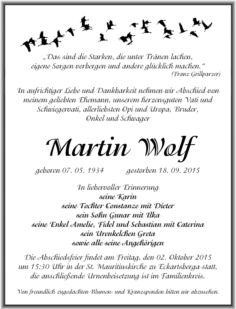  Traueranzeige für Martin Wolf vom 24.09.2015 aus Mitteldeutsche Zeitung Naumburg/Nebra