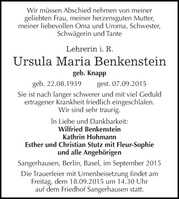 Traueranzeige von Ursula Maria Benkenstein von Super Sonntag SGH Mansf. Land