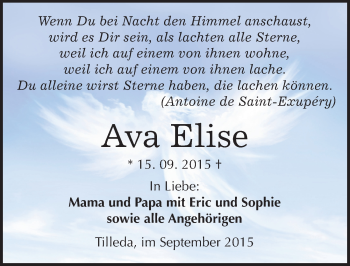 Traueranzeige von Ava Elise von Mitteldeutsche Zeitung Sangerhausen