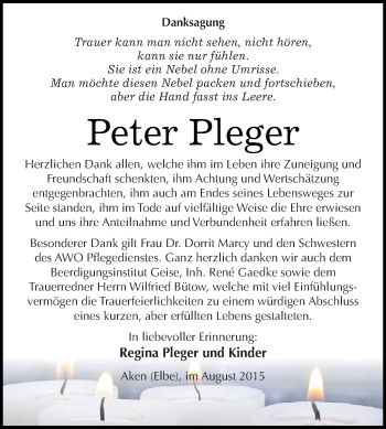 Traueranzeige von Peter Pleger von WVG - Wochenspiegel Dessau / Köthen