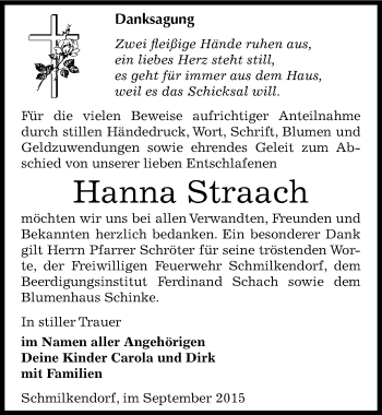 Traueranzeige von Hanna Straach von Mitteldeutsche Zeitung Wittenberg