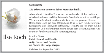 Traueranzeige von Ilse Koch von Wochenspiegel Mansfelder Land