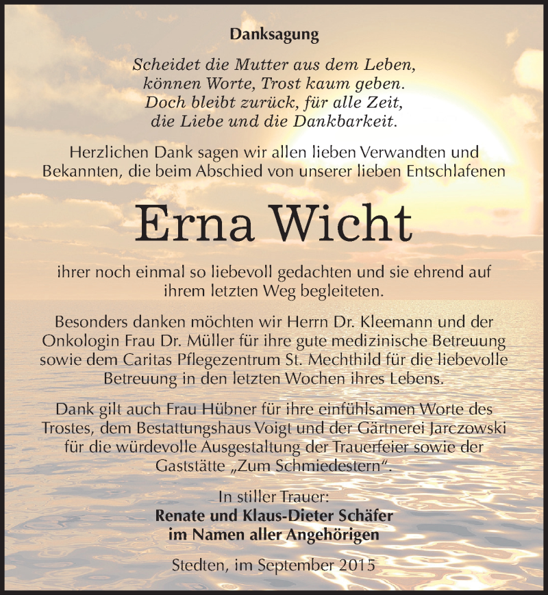  Traueranzeige für Erna Wicht vom 23.09.2015 aus Mitteldeutsche Zeitung Mansfelder Land
