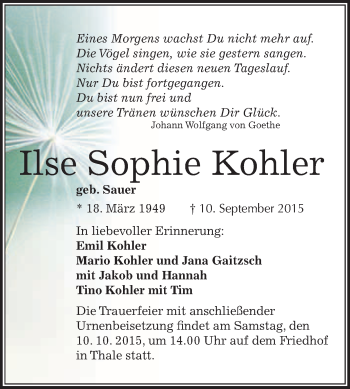 Traueranzeige von Ilse Sophie Kohler von WVG - Wochenspiegel Quedlinburg