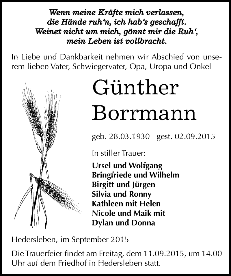  Traueranzeige für Günther Borrmann vom 05.09.2015 aus Mitteldeutsche Zeitung Mansfelder Land