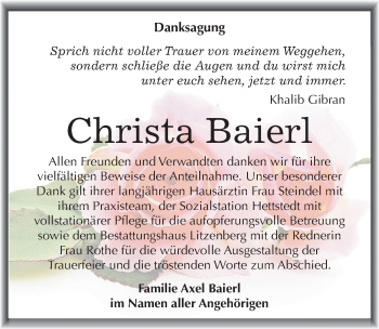 Traueranzeige von Christa Baierl von Mitteldeutsche Zeitung Mansfelder Land