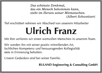 Traueranzeige von Ulrich Franz von Mitteldeutsche Zeitung Merseburg/Querfurt