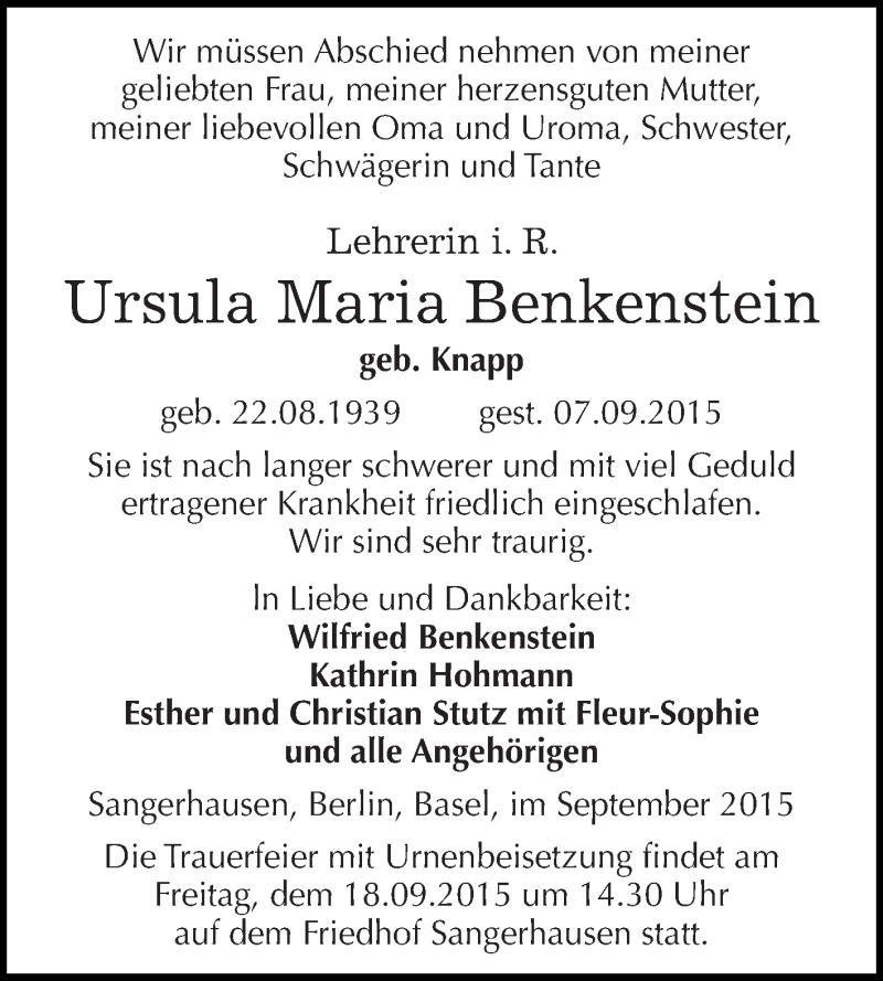  Traueranzeige für Ursula Maria Benkenstein vom 12.09.2015 aus Super Sonntag SGH Mansf. Land