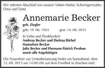 Traueranzeige von Annemarie Becker von Mitteldeutsche Zeitung Merseburg/Querfurt