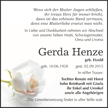 Traueranzeige von Gerda Henze von WVG - Wochenspiegel NMB / WSF / ZTZ