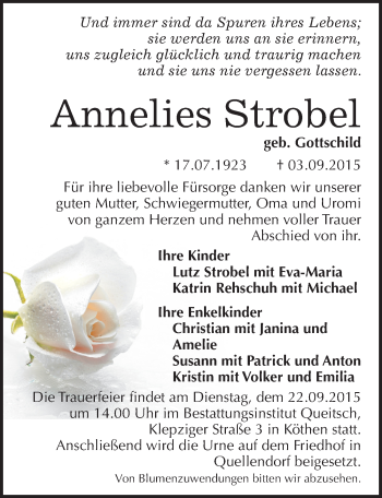 Traueranzeige von Annelies Strobel von Mitteldeutsche Zeitung Köthen