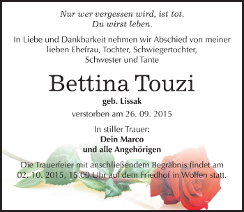 Traueranzeige von Bettina Touzi von Mitteldeutsche Zeitung Bitterfeld