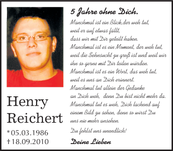 Traueranzeige von Henry Reichert von Mitteldeutsche Zeitung Merseburg/Querfurt