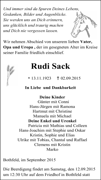 Traueranzeige von Rudi Sack von WVG - Wochenspiegel NMB / WSF / ZTZ