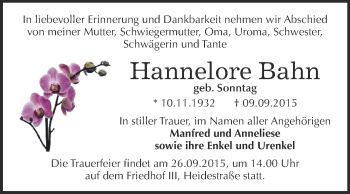 Traueranzeige von Hannelore Bahn von Super Sonntag Dessau / Köthen