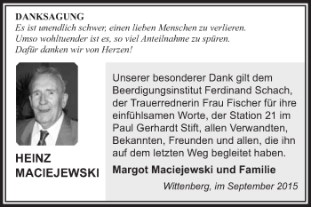 Traueranzeige von Heinz Maciejewski von Super Sonntag Wittenberg