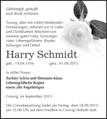 Traueranzeige von Harry Schmidt von Super Sonntag Wittenberg