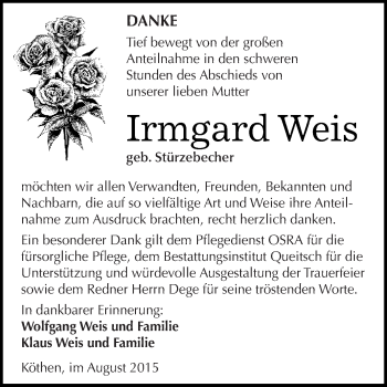 Traueranzeige von Irmgard Weis von WVG - Wochenspiegel Dessau / Köthen