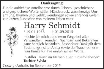 Traueranzeige von Harry Schmidt von Super Sonntag Wittenberg