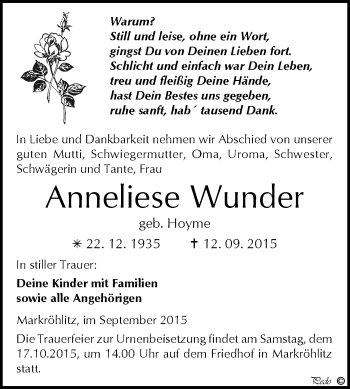 Traueranzeige von Anneliese Wunder von WVG - Wochenspiegel NMB / WSF / ZTZ