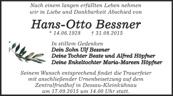 Traueranzeige von Hans-Otto Bessner von WVG - Wochenspiegel Dessau / Köthen