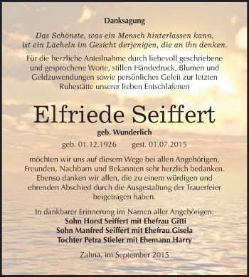 Traueranzeige von Elfriede Seiffert von WVG - Wochenspiegel Wittenberg