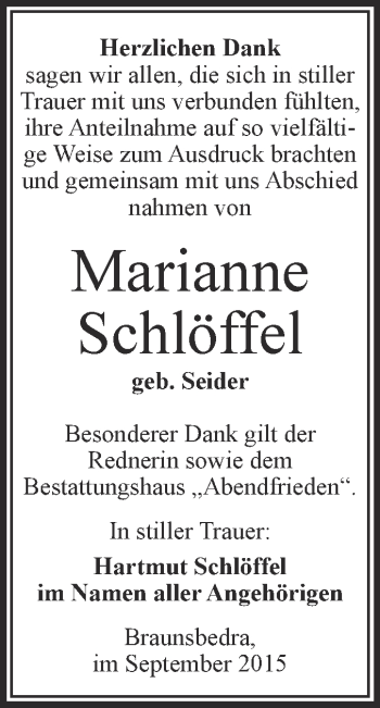 Traueranzeige von Marianne Schlöffel von WVG - Wochenspiegel Merseburg
