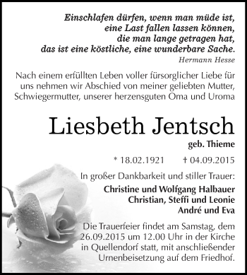 Traueranzeige von Liesbeth Jentsch von WVG - Wochenspiegel Dessau / Köthen