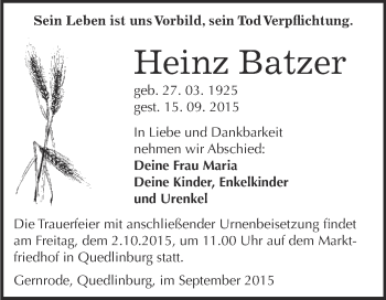 Traueranzeige von Heinz Batzer von WVG - Wochenspiegel Quedlinburg