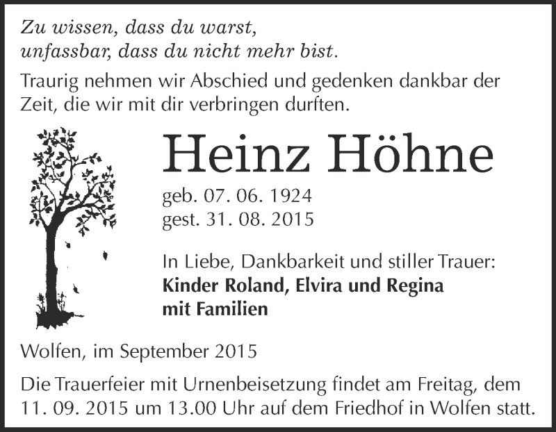  Traueranzeige für Heinz Höhne vom 09.09.2015 aus WVG - Wochenspiegel Bitterfeld