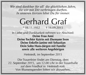 Traueranzeige von Gerhard Graf von Mitteldeutsche Zeitung Mansfelder Land