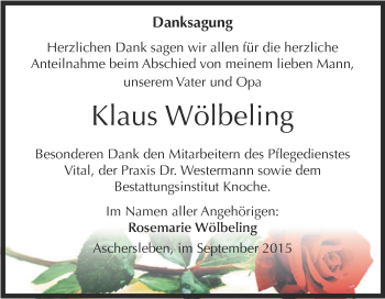 Traueranzeige von Klaus Wölbeling von Super Sonntag Aschersleben