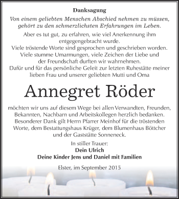 Traueranzeige von Annegret Röder von Super Sonntag Wittenberg
