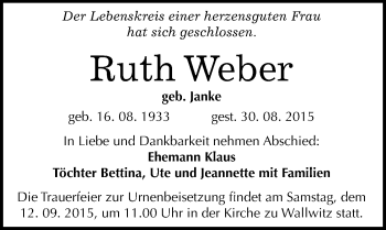 Traueranzeige von Ruth Weber von Mitteldeutsche Zeitung Halle/Saalkreis
