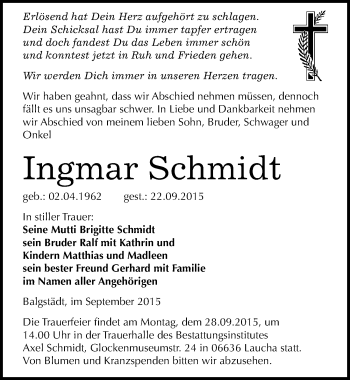 Traueranzeige von Ingmar Schmidt von Mitteldeutsche Zeitung Naumburg/Nebra