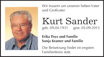 Traueranzeige von Kurt Sander von Super Sonntag Dessau / Köthen