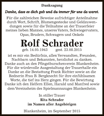 Traueranzeige von Rolf Schrader von Super Sonntag SGH Mansf. Land