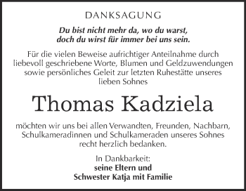 Traueranzeige von Thomas Kadziela von Super Sonntag Quedlinburg