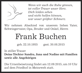 Traueranzeige von Frank Buchen von Super Sonntag Zeitz