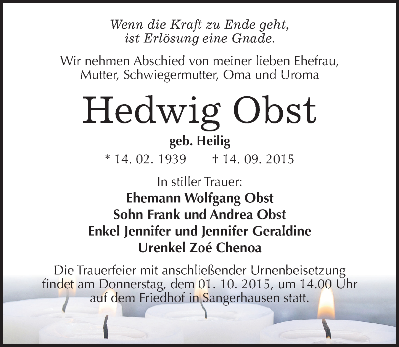  Traueranzeige für Hedwig Obst vom 25.09.2015 aus Mitteldeutsche Zeitung Sangerhausen