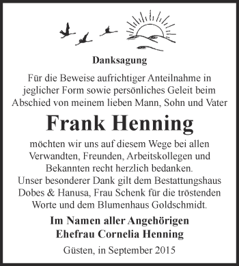 Traueranzeige von Frank Henning von Super Sonntag Bernburg